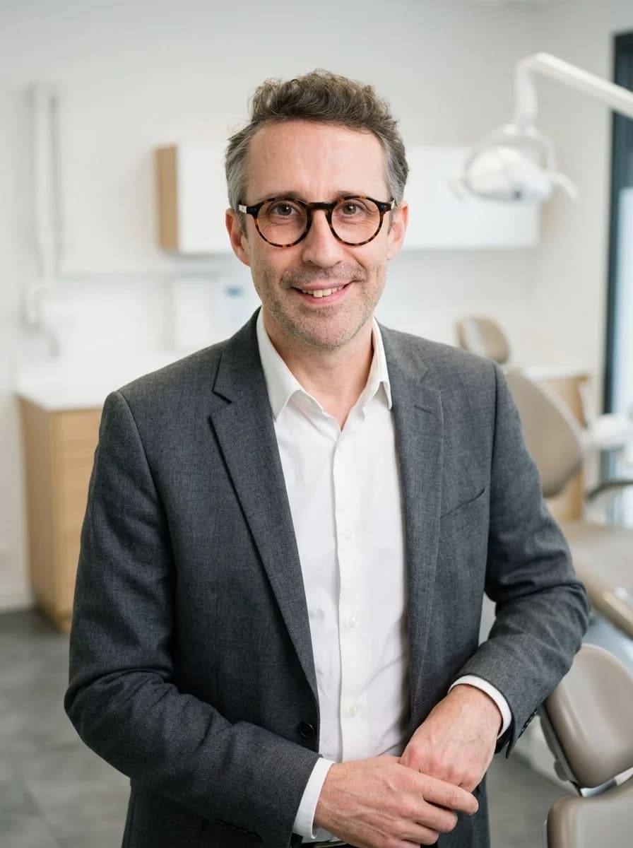 Portrait IA dentiste style corporate moderne — blazer gris et chemise blanche, fauteuil dentaire et scialytique en arrière-plan flou