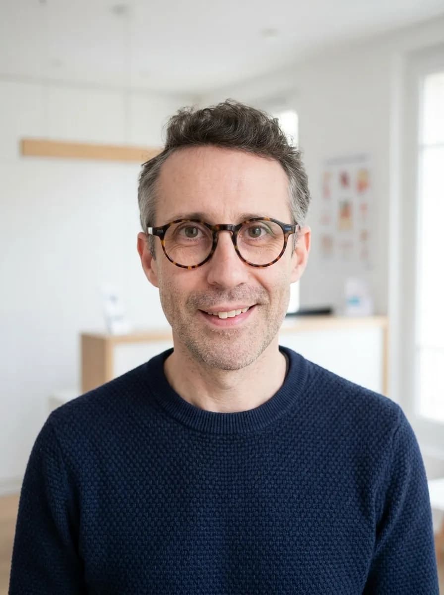 Exemple de portrait dentiste style corporate moderne - tenue décontractée dans un cadre professionnel lumineux