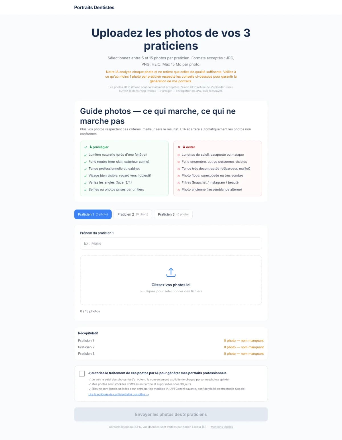 Interface upload photos équipe cabinet dentaire — un onglet par praticien, guide qualité intégré, consentement RGPD